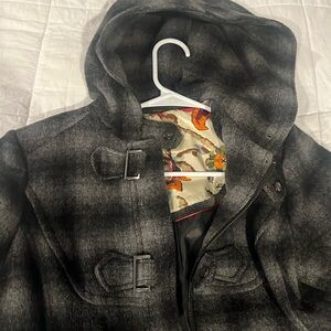 Steve Madden Charcoal Plaid Wool Hooded Pea Coat Jacket